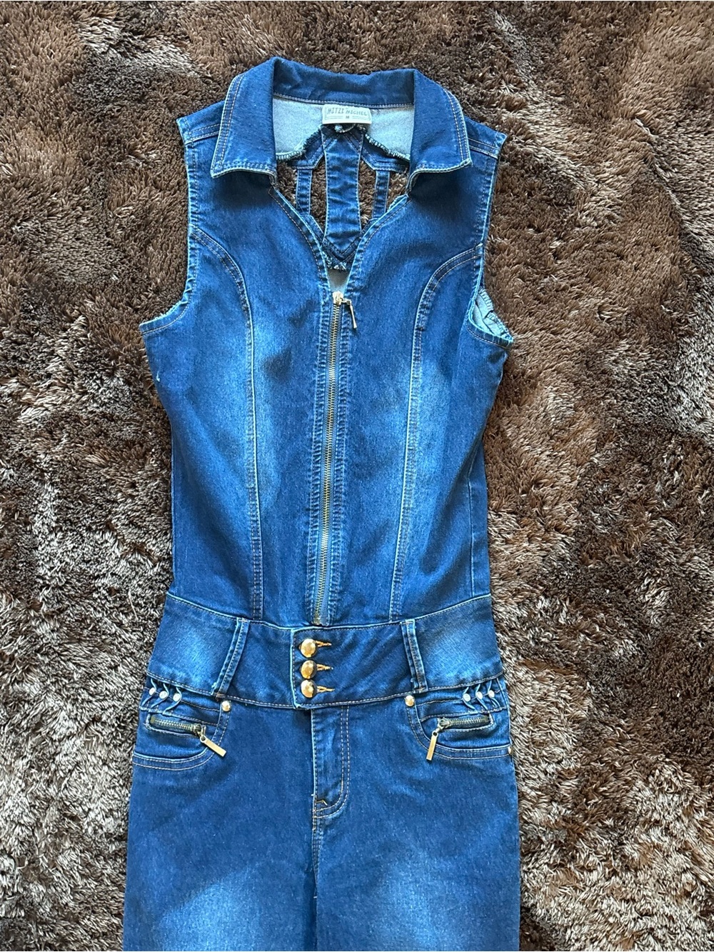Sleeveless Blue Denim Jumpsuit - Structured Zip Front
